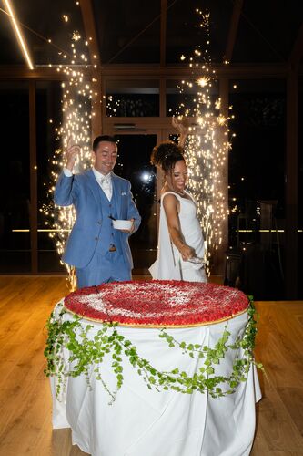 Mariés devant leur gâteau de mariage XXL avec des étincelles